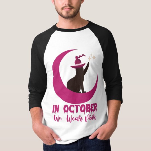 10月に我々は衣服ピンクの猫の乳がん待っている Tシャツ (正面)