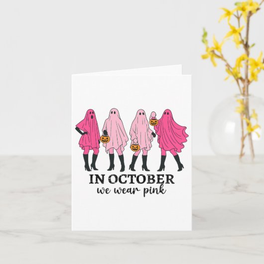 10月に我々は衣服ピンク乳がんおもしろい幽霊 カード (黄色い花)