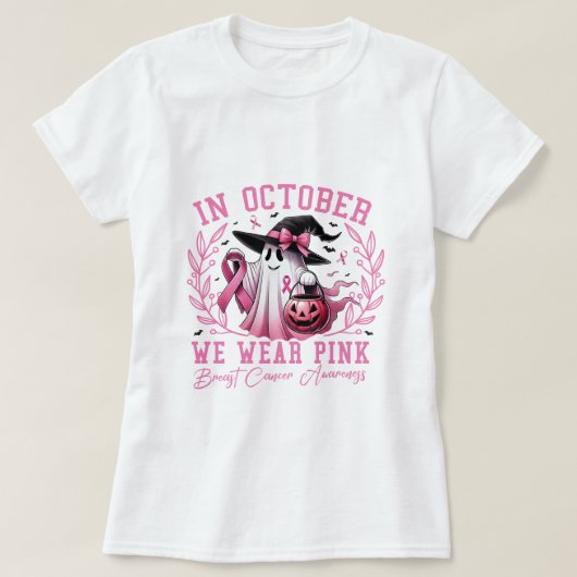 10月に我々衣服ピンク幽霊魔女乳がん Tシャツ (デザイン正面)