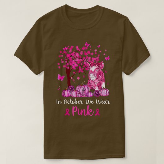 10月に豚We衣服ピンク乳がん待ち Tシャツ (デザイン正面)