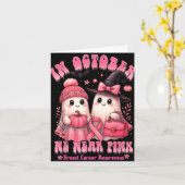 10月のピンクの服を着たゴースト 乳がん カード (黄色い花)