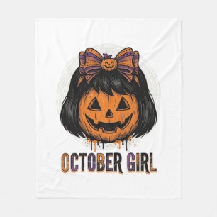 10月の少女のかぼちゃのリボン ハロウィンベクター デザイン_1 フリースブランケット