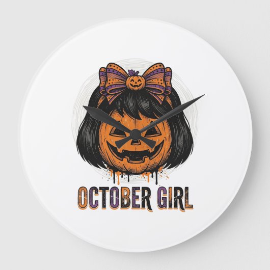 10月の少女のかぼちゃのリボン ハロウィンベクター デザイン_1 ラージ壁時計 (正面)