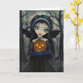 10月の森のヴァンパイアビッグアイ・ハロウィンカード カード (黄色い花)