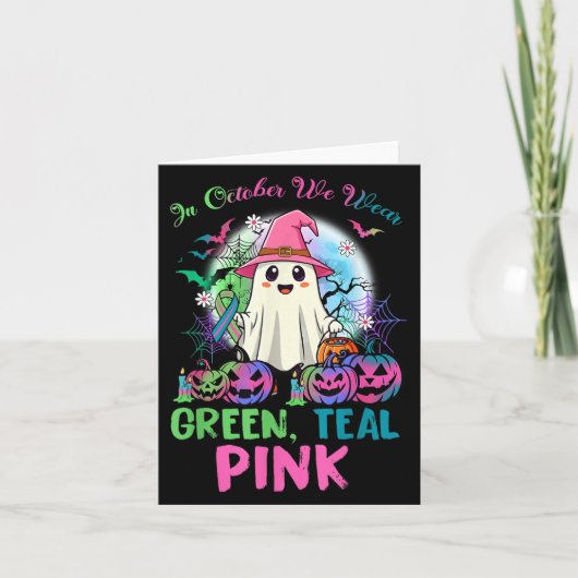 10月の私たちはターコイズブルーの服を着る Nk ハロウィン 転移性乳がん カード (正面)