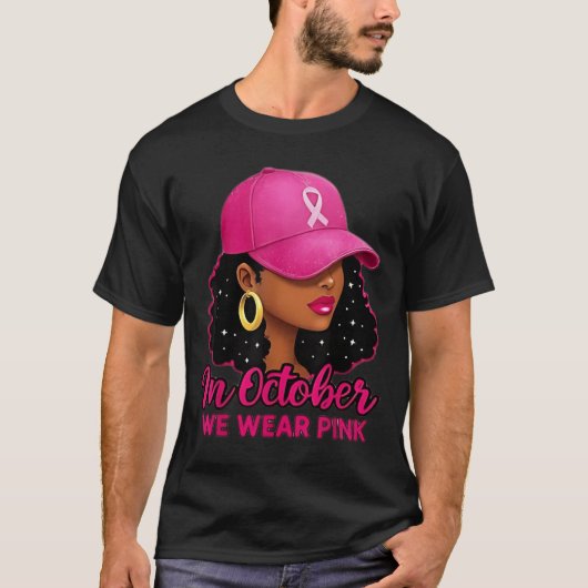 10月はピンクのリボンを身に着けよう 黒人女性 乳がん Tシャツ (正面)