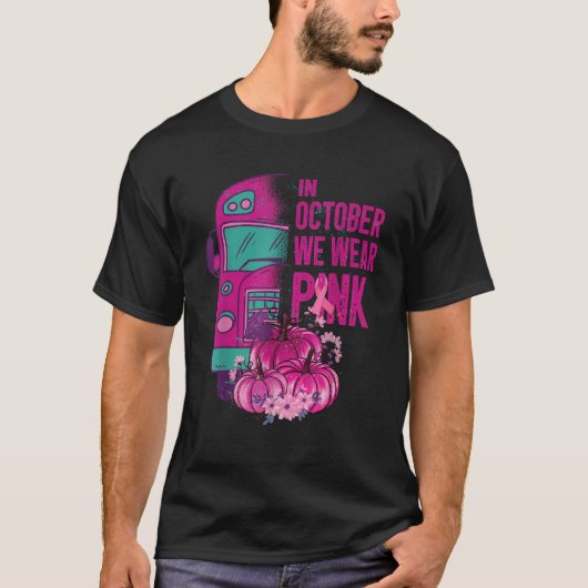 10月はピンク色のスクールバス乳がん啓発 Tシャツ (正面)
