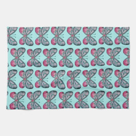 10月ティール(緑がかった色)グラスウィングバタフライパターンデザイン キッチンタオル