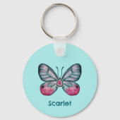 10月パーソナライズされたティール（緑がかった色）グラスウィングバタフライアート キーホルダー (裏面)