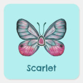 10月パーソナライズされたティール（緑がかった色）グラスウィングバタフライアート スクエアシール (正面)