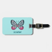 10月パーソナライズされたティール（緑がかった色）グラスウィングバタフライアート ラゲッジタグ (正面横)