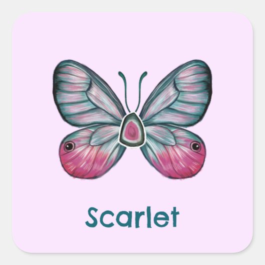 10月パーソナライズされたピンクグラスウィングバタフライアート スクエアシール (正面)