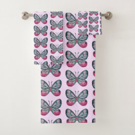 10月ピンクグラスウィングバタフライパターンデザイン バスタオルセット