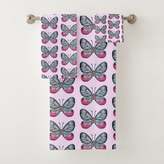 10月ピンクグラスウィングバタフライパターンデザイン バスタオルセット (インサイチュ)