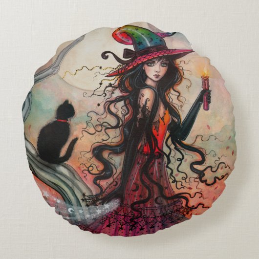 10月フレイムハロウィンウィッチとブラックキャットアート ラウンドクッション (裏面)