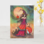 10月ムーンハロウィンウィッチアンドキャッツイラストレーション カード (黄色い花)