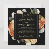 10月モダン開花ズ·オン·ブラック·モノグラ結婚ムズ 招待状 (正面)