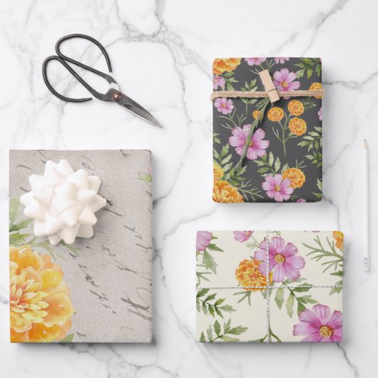10月誕生月フラワーマリゴールドコスモス ラッピングペーパーシート (正面)