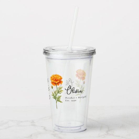 10月誕生月フラワーマリゴールドパーソナライズされた アクリルタンブラー (裏面)