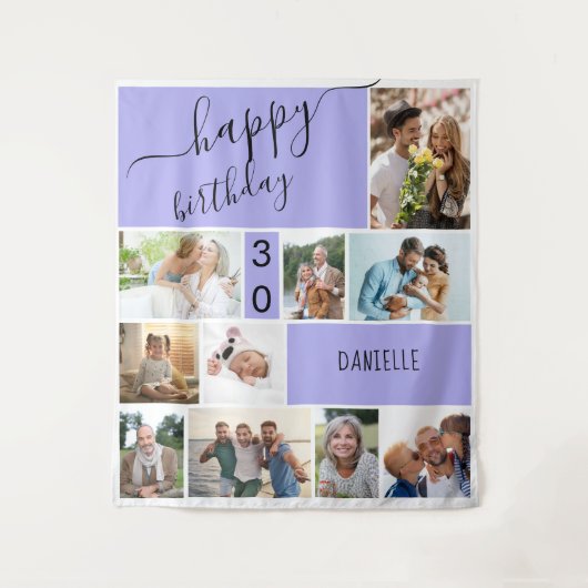 10枚の写真を飾ったラベンダーのパーソナライズされたコラージュ タペストリー (正面)