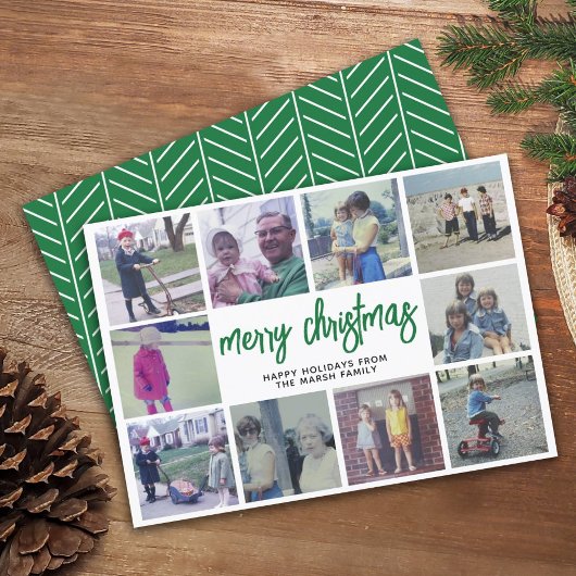 10枚の写真コラージュ - メリークリスマス グリーンパターン シーズンカード