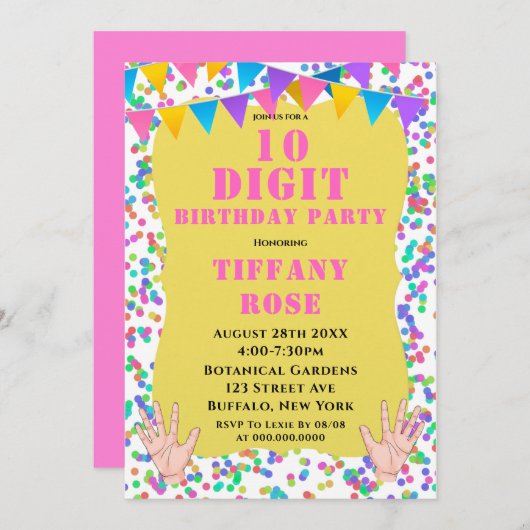 10桁の紙吹雪バースデーパーティ招待状 (正面/裏面)