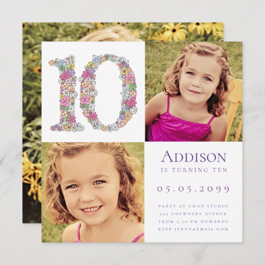 10歳の女の子の誕生日パーティー写真 招待状 (正面/裏面)