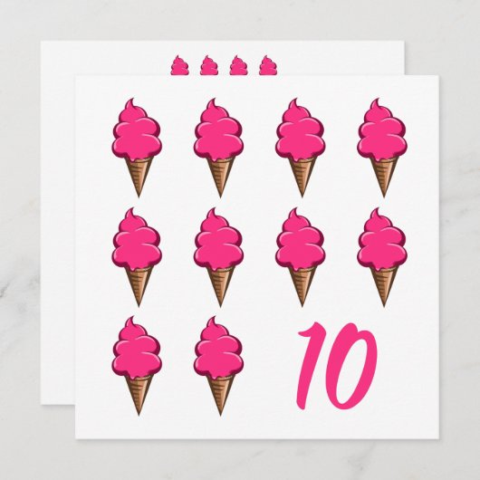 10歳の女の子誕生日かわいいピンクのアイスクリーム 招待状 (正面/裏面)