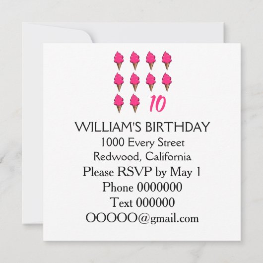 10歳の女の子誕生日かわいいピンクのアイスクリーム 招待状 (裏面)