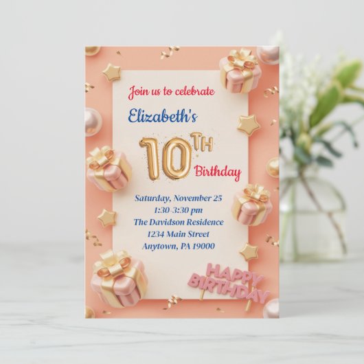 10歳の女の子誕生日招待状 招待状 (スタンド正面)
