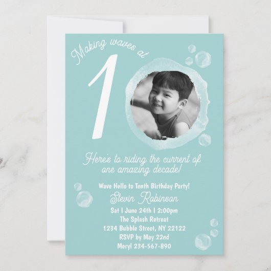 10歳の淡い青い泡の誕生日パーティー 招待状 (正面)