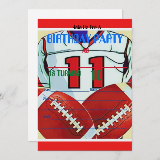 10歳の男の子のフットボールの誕生日の招待状 招待状 (正面/裏面)