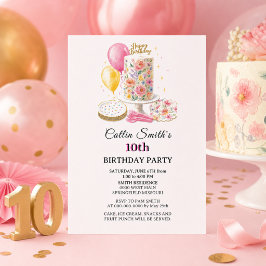10歳の誕生日おめでとうフラワーケーキの女の子の誕生日パーティー 招待状