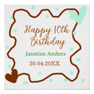 10歳の誕生日おめでとう グリーン パステル ブラウン ボーダー スペイン ポスター