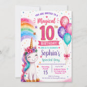 10歳の誕生日おめでとう ユニコーンの女の子 招待状 (正面)