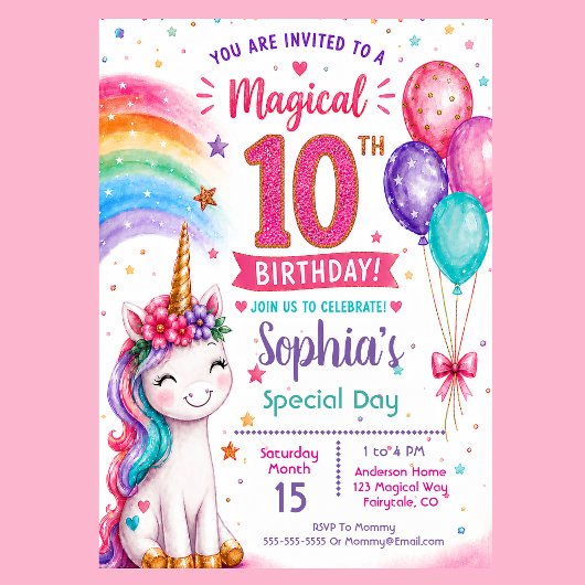 10歳の誕生日おめでとう ユニコーンの女の子 招待状