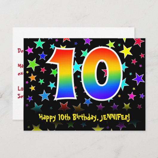 10歳の誕生日おめでとう!楽しいスター柄、虹色の10、名前入り ポストカード (正面/裏面)