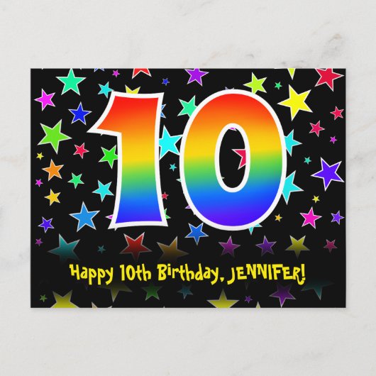10歳の誕生日おめでとう!楽しいスター柄、虹色の10、名前入り ポストカード (正面)