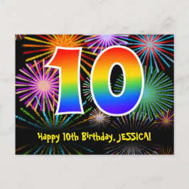 10歳の誕生日おめでとう - 楽しい花火模様 + レインボー10 ポストカード