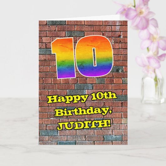 10歳の誕生日おめでとう!楽しい落書き風レインボー10 カード (蘭)