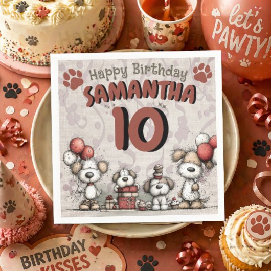 10歳の誕生日おめでとう！田舎風の可愛い女の子と子犬 スタンダードカクテルナプキン