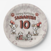10歳の誕生日おめでとう!田舎風の女の子と子犬 ペーパープレート (正面)