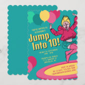 10歳の誕生日お祝いトランポリンパーティーの少女たち Jump Into 10 招待状 (正面/裏面)