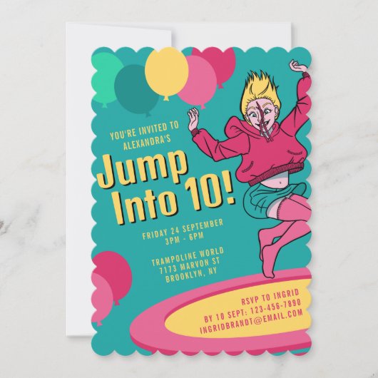 10歳の誕生日お祝いトランポリンパーティーの少女たち Jump Into 10 招待状 (正面)