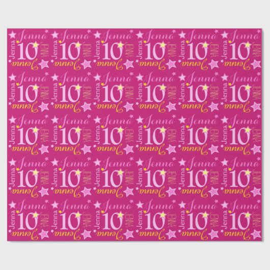 10歳の誕生日のスター名前をカスタムするピンクイエロー ラッピングペーパー (フラット)