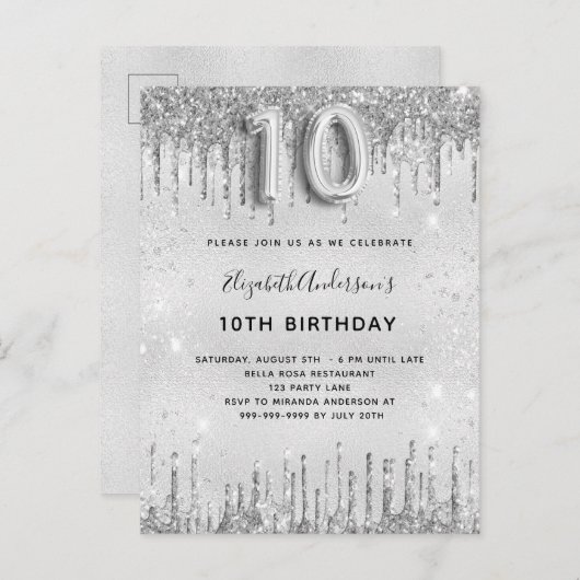 10歳の誕生日の銀のグリッター女 インビテーションポストカード (正面/裏面)