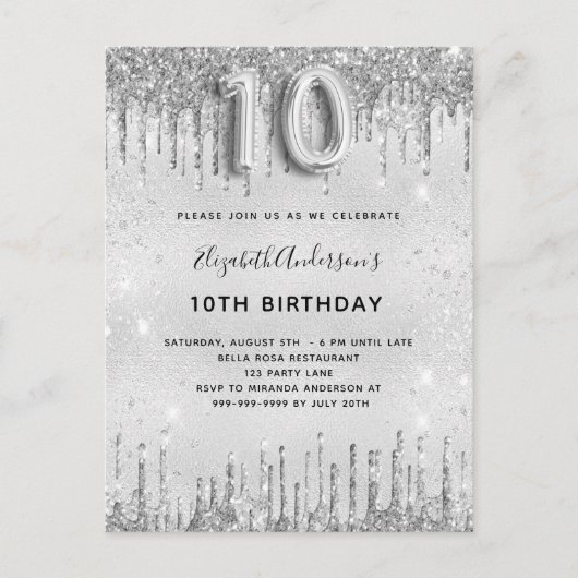 10歳の誕生日の銀のグリッター女 インビテーションポストカード (正面)