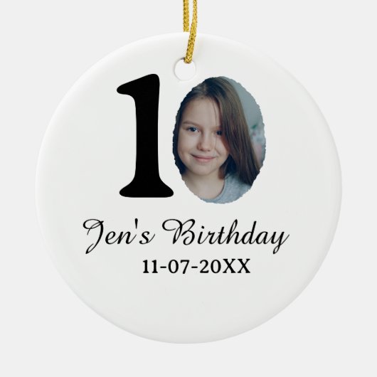 10歳の誕生日はっきりしたフォトレター子供の名前の日付st セラミックオーナメント (正面)