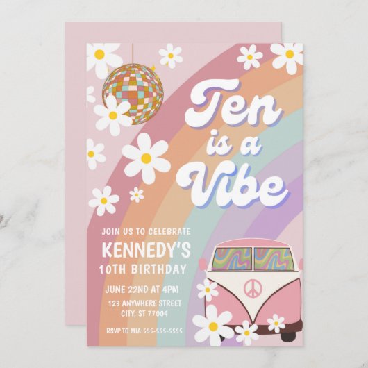 10歳の誕生日を迎えるグルーヴィーな女の子 招待状 (正面/裏面)