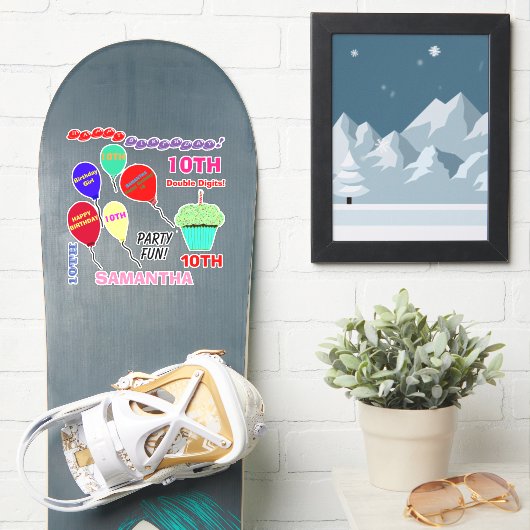 10歳の誕生日ガール バルーン カップケーキ ビニール シール (スノーボード)